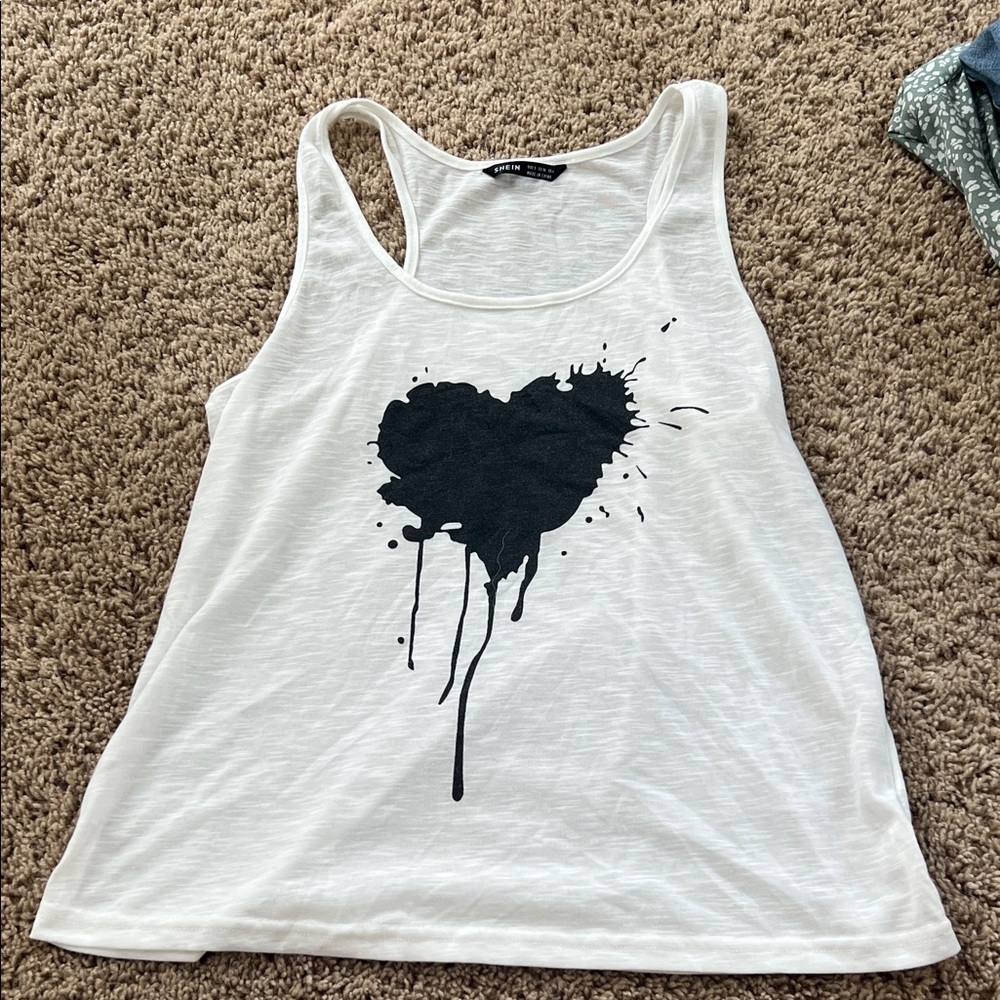 SHEIN White Tank Top with Black Heart Design